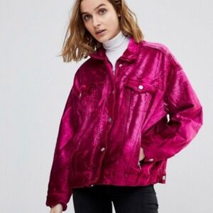 Free People Fuchsia Velvet Bomber Jacket